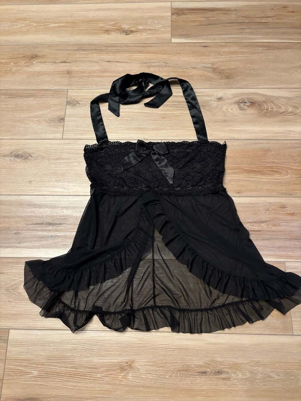 Avidlove Black Sheer Lace Babydoll Chemise with Satin Tie and Ruffle Hem